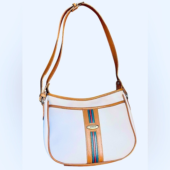 Rivage Vintage White Leather Shoulder BagGreen Red StripePreppy Coastal